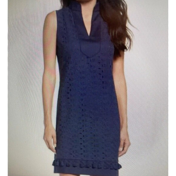 Eliza J Dresses & Skirts - Eliza J Size 12 Navy Blue Eyelet Tassel Shift Split Mandarin Collar Sleeveless